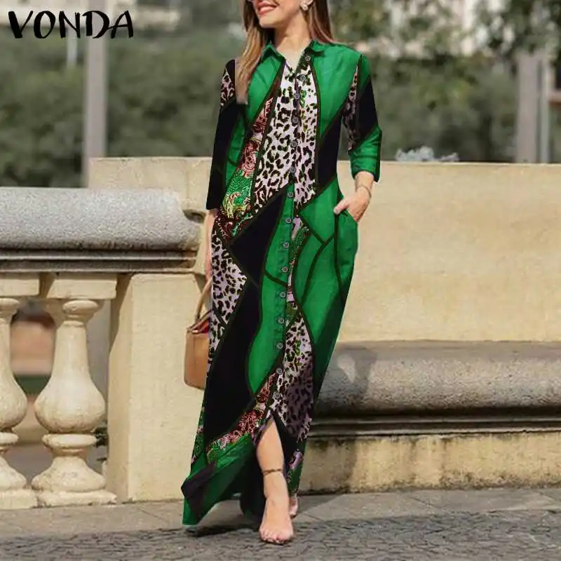 

Винтажное платье-рубашка VONDA, осень 2021, женские длинные платья макси с отложным воротником и пуговицами, женские плиссированные богемные пр...