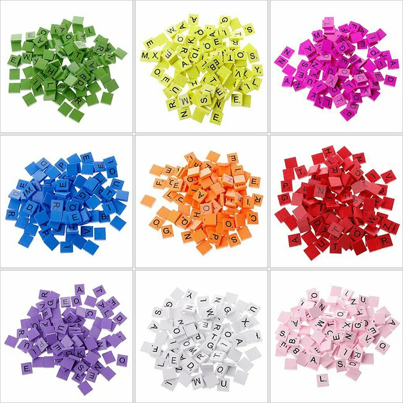 

100pcs Colored Wooden Scrabble Tiles Complete Set Color Crafts Pendant Spelling Alphabet NSV775