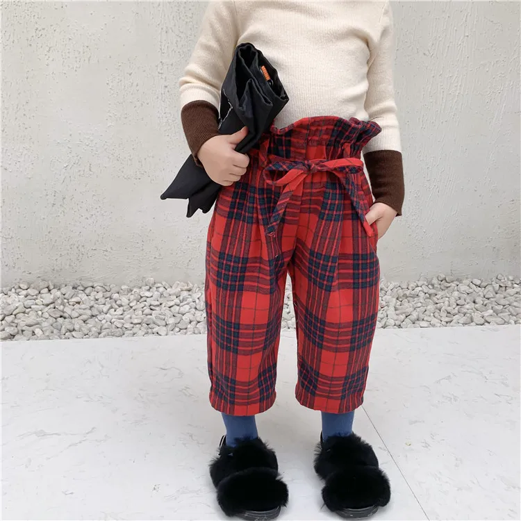 Осень зима милые модные клетчатые штаны со шнуровкой и высокой талией для