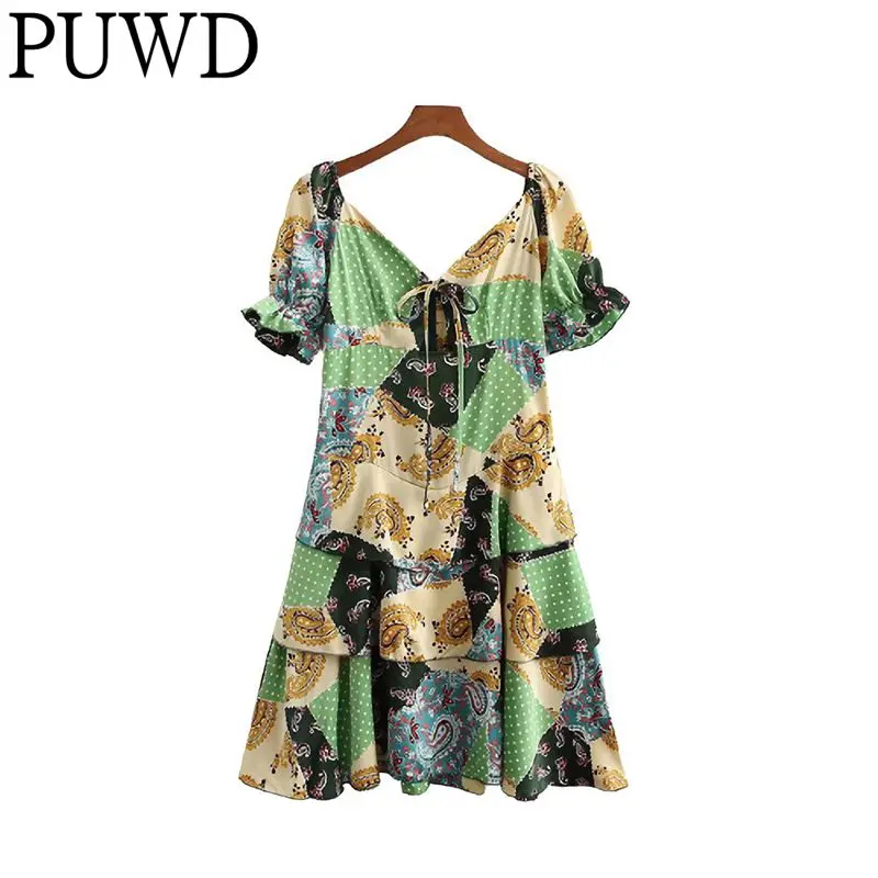 

PUWD Casual Women Short Sleeve Midi Dress 2022 Spring Fahion Ladies V-neck Drawstring Fold Flower Print Dresses Female Dress