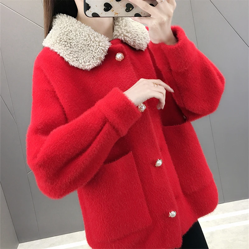 

Short Imitation Mink Fleece Sweater Women 2020 Autumn Winter Fashion New Loose Long-Sleeved Knitted Cardigan Top Trend 291