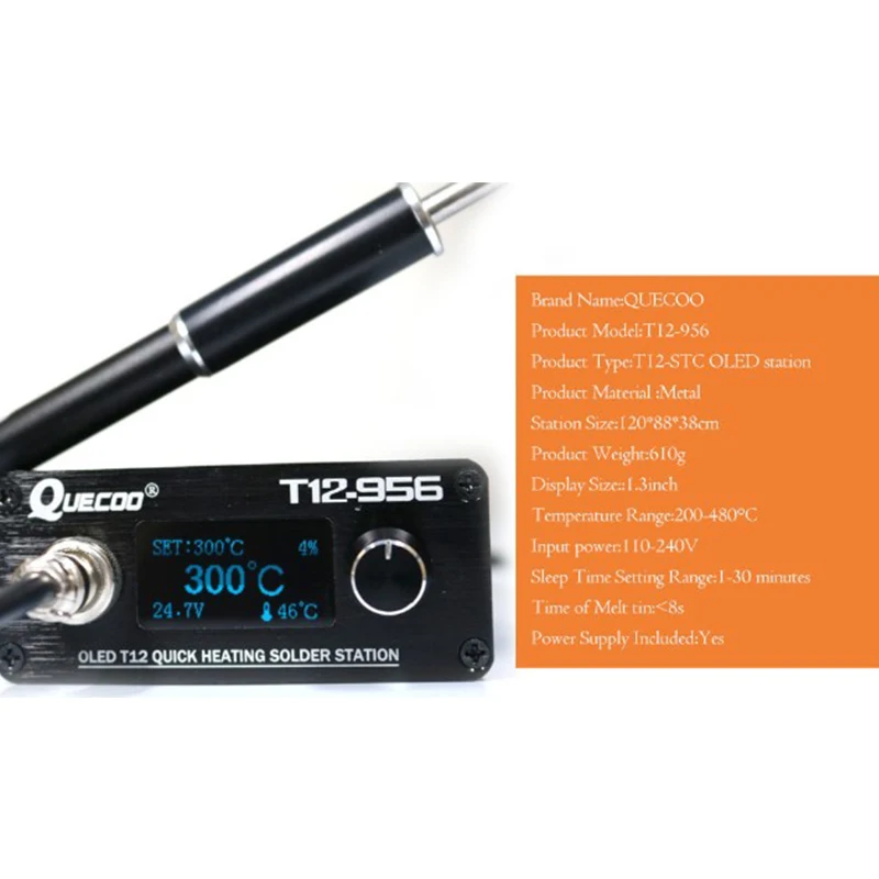 

Quecoo T12-956 Soldering Digital Station Soldering Iron Oled With M8 Metal Handle And T12 Soldering Iron Tip(Eu Plug)