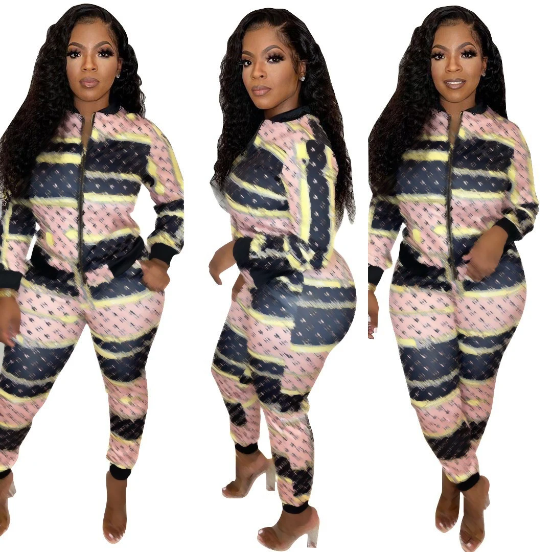 

2021 European and American Contrast Color Zipper Stitching Sports Fashion Casual Commuter Women's print Sportswear 2-piece Suit