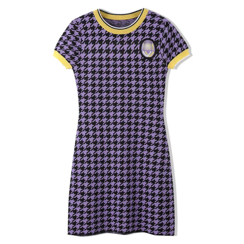 

High Quality Runway Elegant Women Houndstooth Dress Bodycon O-neck Knitting Cotton Sweater Dresses Short Sleeve Lady Clothes