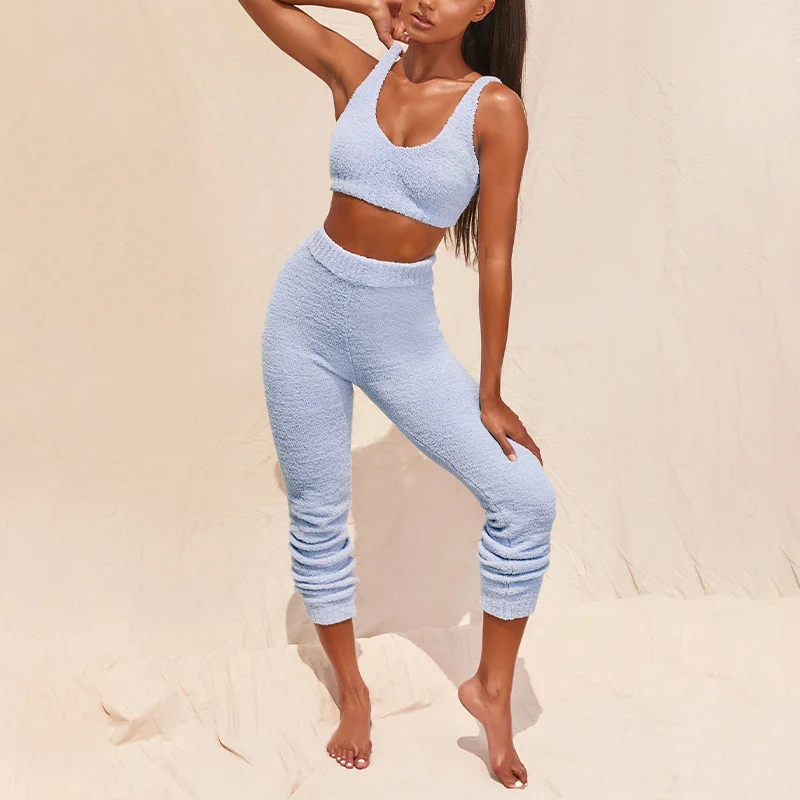 

Fur Two Piece Outfits Sexy Backless Crop Tops Women Outfits Matching Set Top And High Waist Pants Party Clubwear