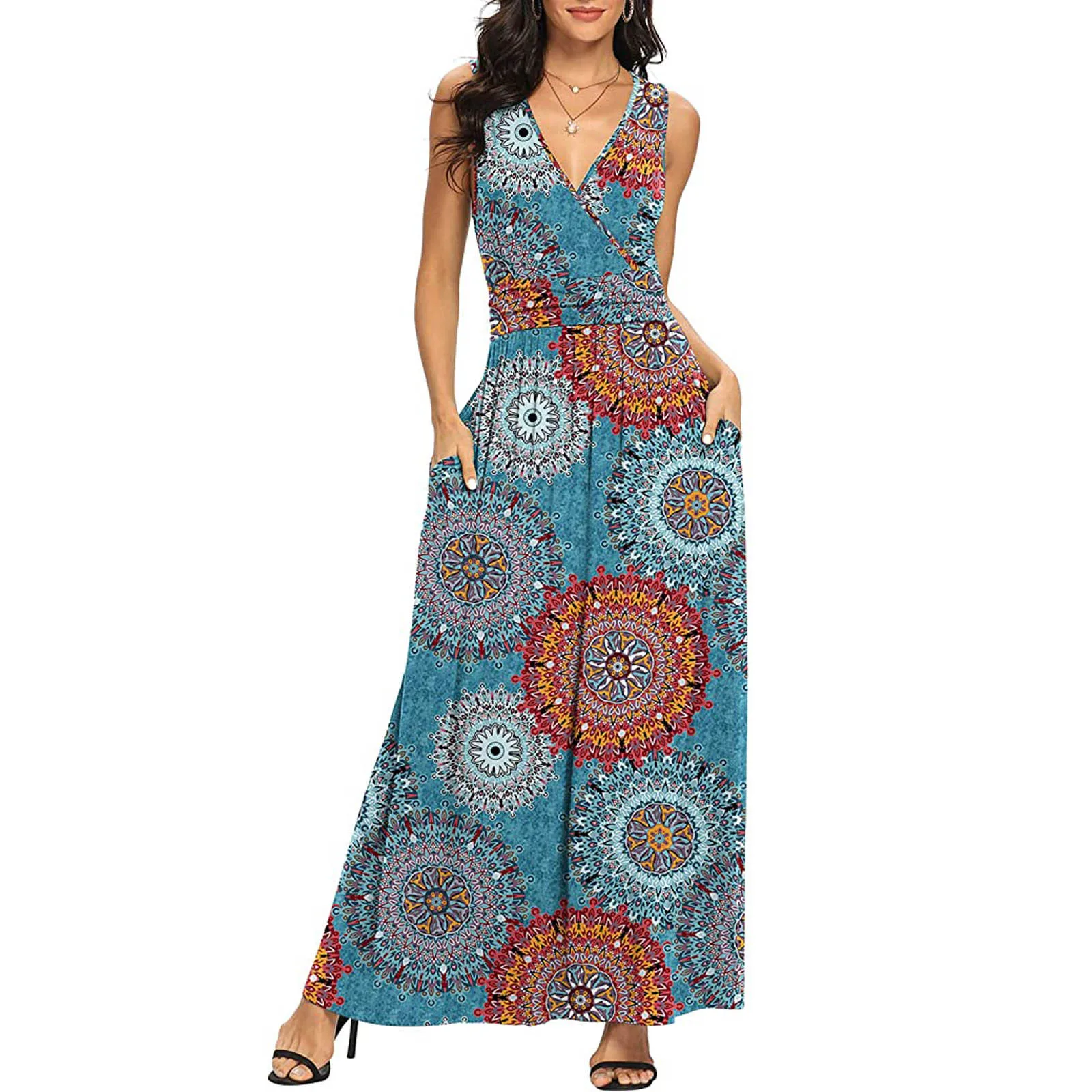 

2021 Dress Women Summer Dresses Vestido De Mujer Casual Sleeveless V-neck Ladies Slim Long Dress Robe Femme Ropa