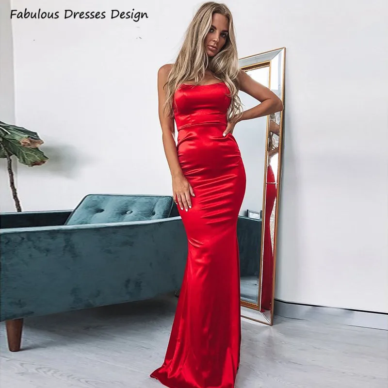 

Красное атласное платье для выпускного, без бретелек, с овальным вырезом платья для выпускного вечера русалка 2021 длинное вечернее платье Дл...