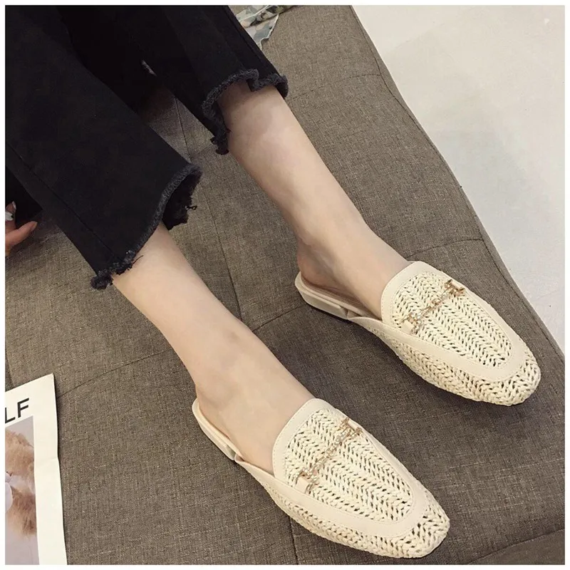 New Fashion Women Mules Slipper Low Heel Slip On Slide Sandals Cane Woven Beach Summer Slippers Flat Sandals