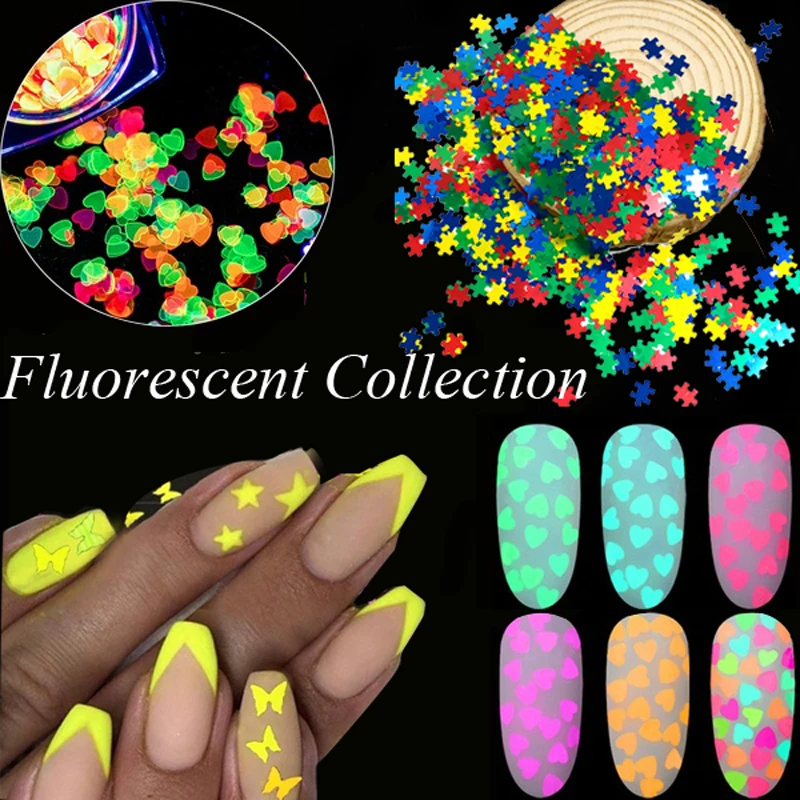 

50 г/пакет 4 мм Световой блестка для ногтей Блеск головоломка/бабочка/Дизайн с сердечком для украшения ногтей флуоресцентный кукурузных хлоп...