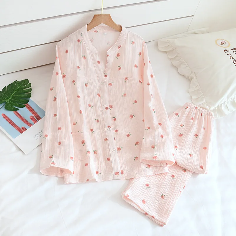 

Pink Cotton 2PCS Pajamas Suit Women's Spring Autumn New Home Wear Full Sleeve Cardigan&Pant Nightwear Lovely Print Sleepwear