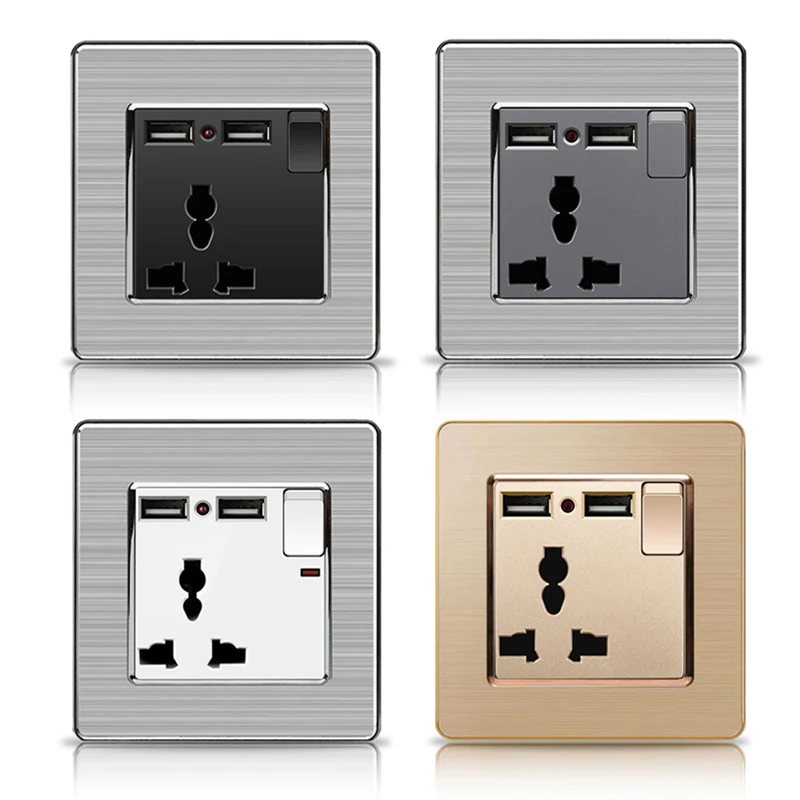 

13A universal 3-hole 2usb socket, with 1 switch, stainless steel panel wall socket, grounding, household socket