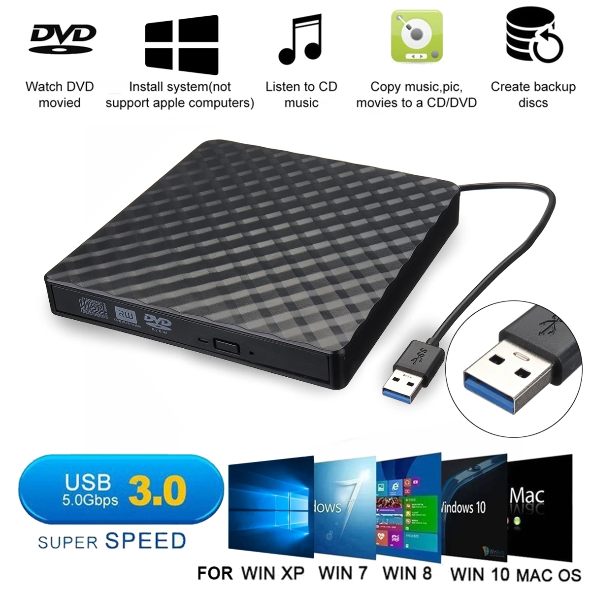 Внешний USB 3 0 DVD RW CD писатель тонкий карбоновый привод горелки ридер плеер для ПК