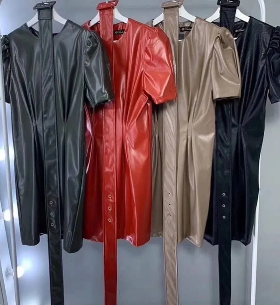 

2021 New Women's PU Faux Leather Dress Fashion Puff Sleeve Round Neck Slim Pleated Mini Dress Elegant Club Party Dress Vestidos