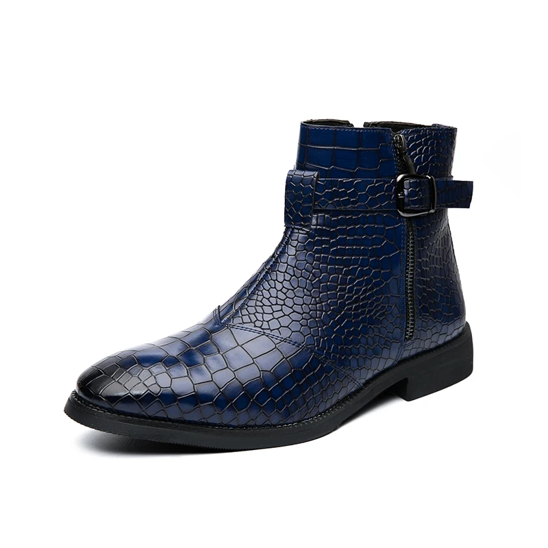 

Crocodile Grain Side Zipper Mens Ankle Boots British Style Large Size Comfort Round Toe Elegant Casual Leather Shoes for Male