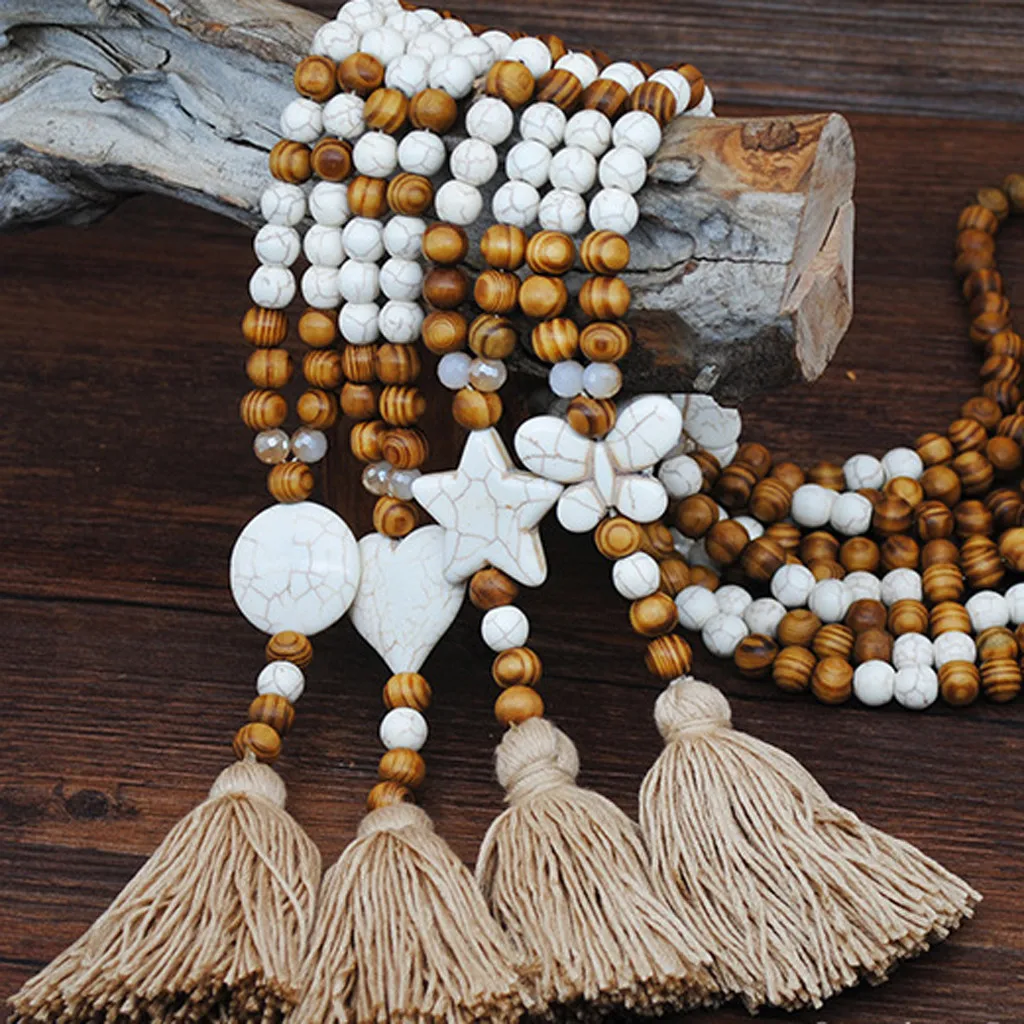 Богемное этническое винтажное ожерелье с кисточками и деревянными бусинами