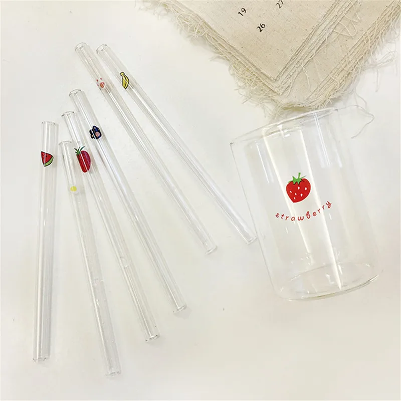 

300ml Strawberry Cute Nordic Glass Cup With Straw Creative Transparent Water Cup Student Milk Heat Resistant Glass