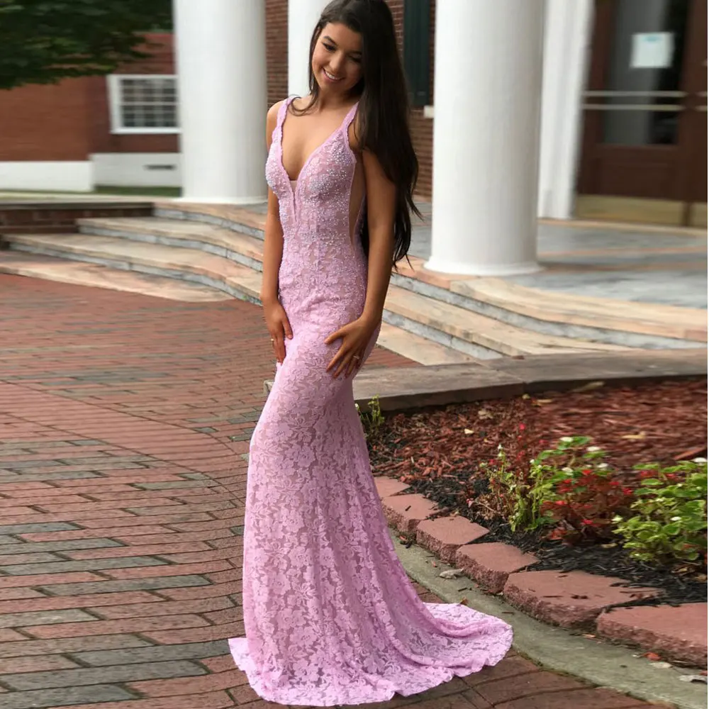 

Pink Mermaid / Trumpet Evening Dresses V-Neck Spaghetti strap Party Dresses Floor length Lace Sleeveless Open back Party Gowns