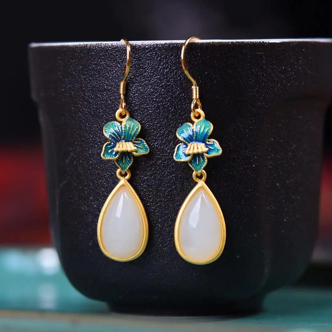 

Серьги-подвески из натуральной эмали с инкрустацией из 925 нефрита