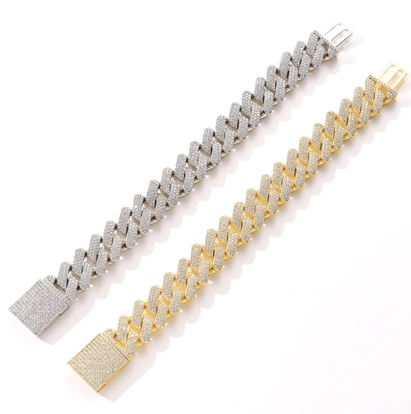 

Drop Shipping 20mm Prong Cuban Link Chains Bracelet Fashion Hiphop Jewelry Cubic ZirconiaStone For Men