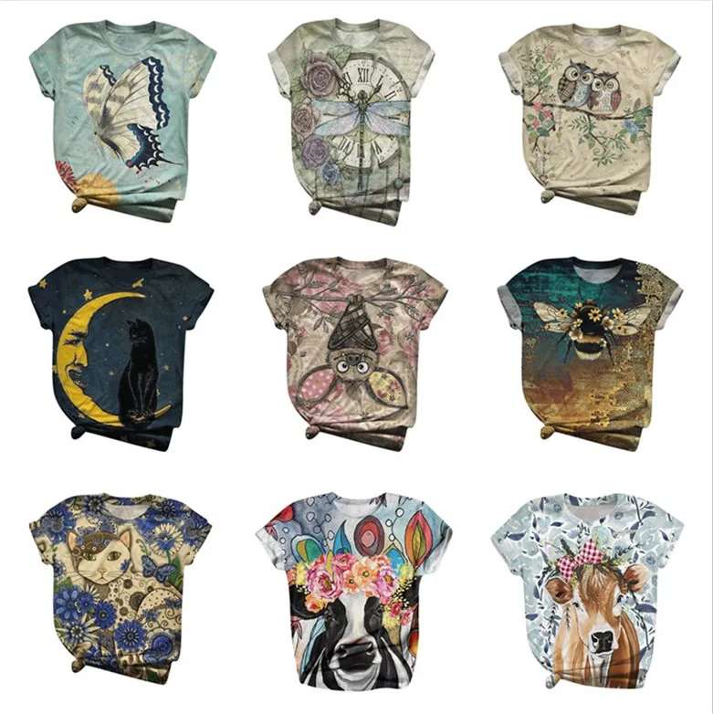 Женская футболка с коротким рукавом и 3D принтом животных круглым вырезом топ