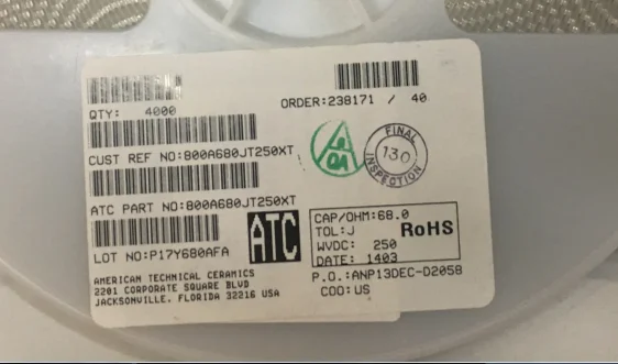 

1PCS 800A680JT250XT Chip high frequency capacitor O505 0.5x0.5 68PF 250V