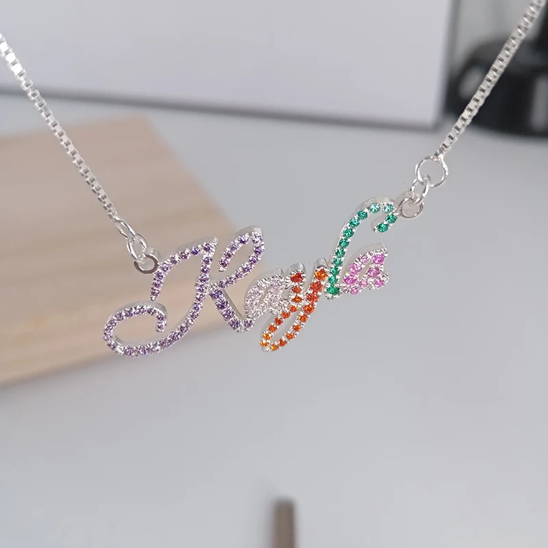 Custom DIY 925 Sterling Silver Colorful  Nameplate Necklace  with Full Zircon Bling Jewelry For Women Mother  Gifts