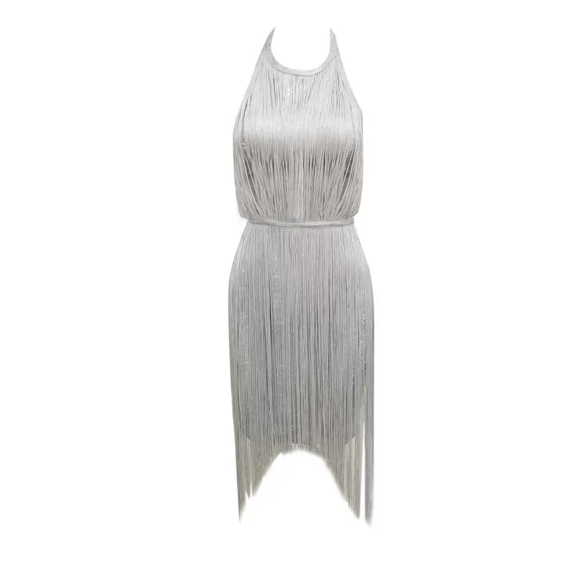 

Wholesale 2019 New woman's dress Silver tassel Backless Fashion mini Sexy celebrity cocktail party long dress