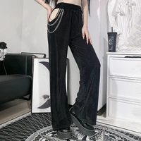 dark sexy hollow out chain wide leg straight pants women 2021 gothic black high waist casual loose y2k pants harajuku trousers