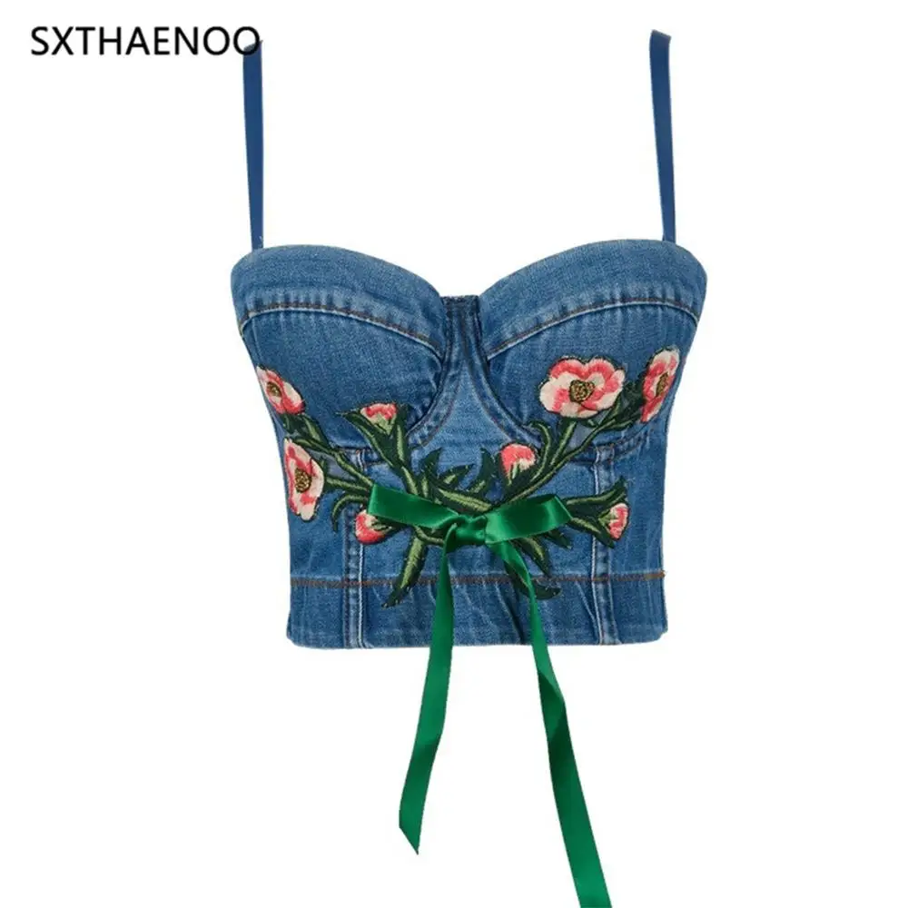 

SXTHAENOO Retro Nightclub Embroidery Denim Flower Straps Old Distressed Strapless Umbilical Short Gathered Jacket Suspenders