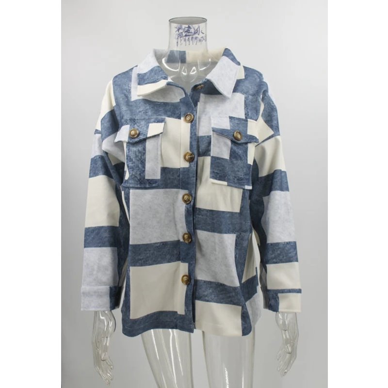 

WEPBEL Plaid Printed Coat Women's Casual Loose Coat Summer Fashion Single-Breasted Pocket Stitching Turn-down Collar Coat