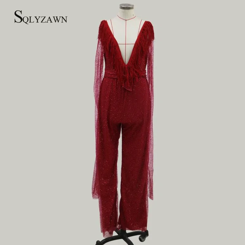 Sexy Deep V Neck Tassels Mesh Wide Leg Palazzo Pants Jumpsuit Ladies Vintage Backless Glitter Dots Wine Red Romper Party Overall |