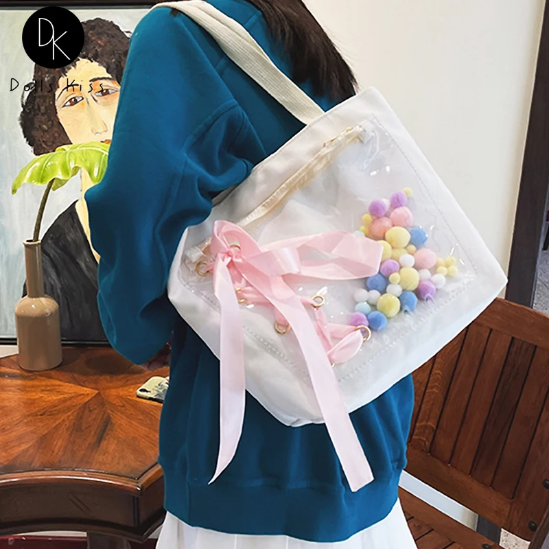 

Japanese Ladies Ita Bag Female Cute Sweet Lace Drawstring JK Shoulder Bag Transparent Women Handbag Girls College Style Book Bag