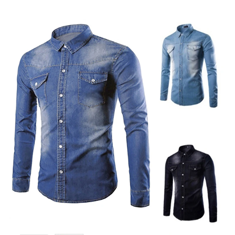 Casual Men Denim Shirts Slim Fit Long Sleeved Shirt Fashion Spring Autumn Single Breasted Cotton Pockets Elastic Denim Shirts