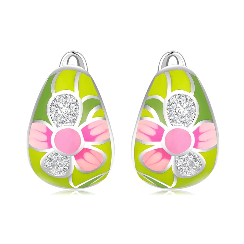 Женские серьги с розовой эмалью из серебра 2020 пробы цветком персика и цирконием