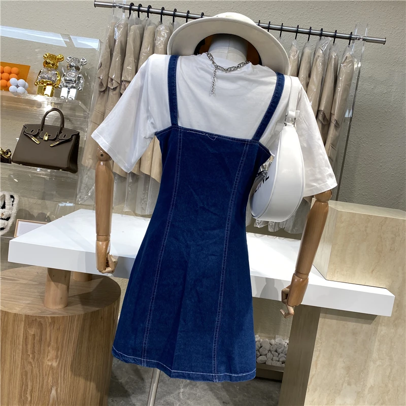 

Brand Original Design 2021 Design Hollow Suspender Denim Skirt+white Short Sleeve Pullover Loose T-shirt Casual Suit