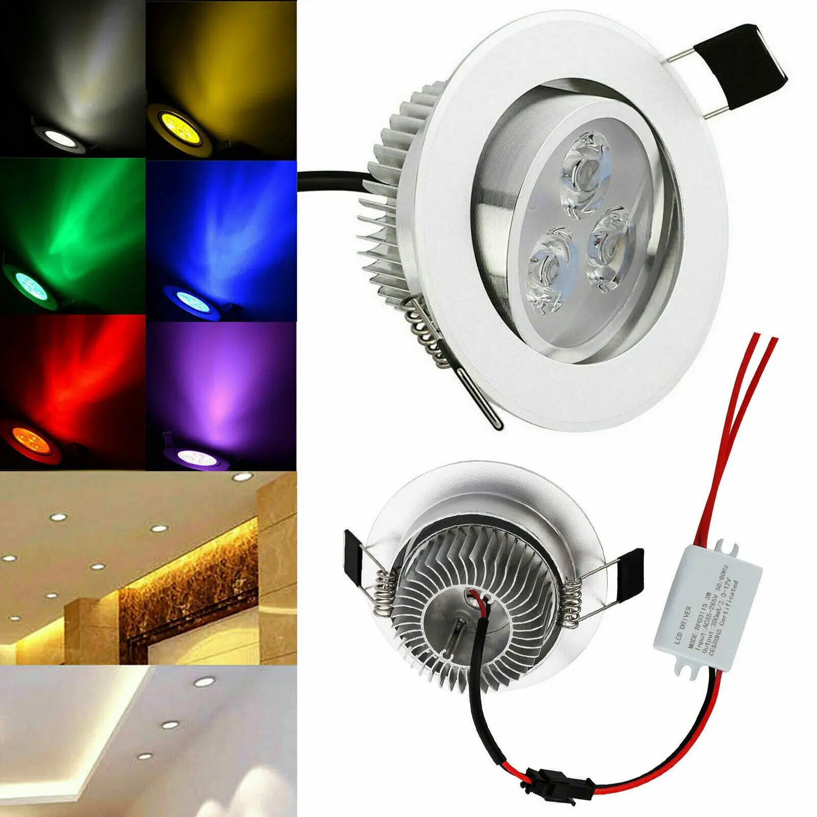 

3W 6W Recessed LED Ceiling Downlight Spotlight Dimmable Lighting Lamp Bulb White Free Driver Red Yellow Blue Green Purple Indoor
