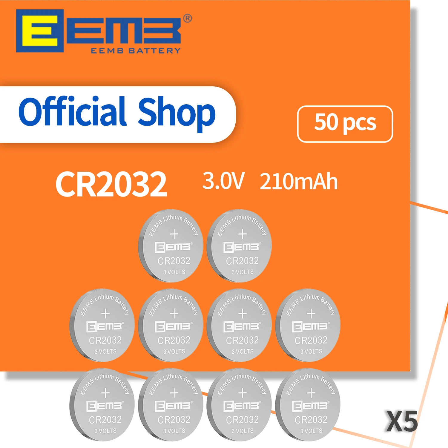

EEMB 50PCS 3V Lithium Battery CR2032 210mAh Button Battery Non-Rechargeable Coin Cell for Watch Tablets Calculator