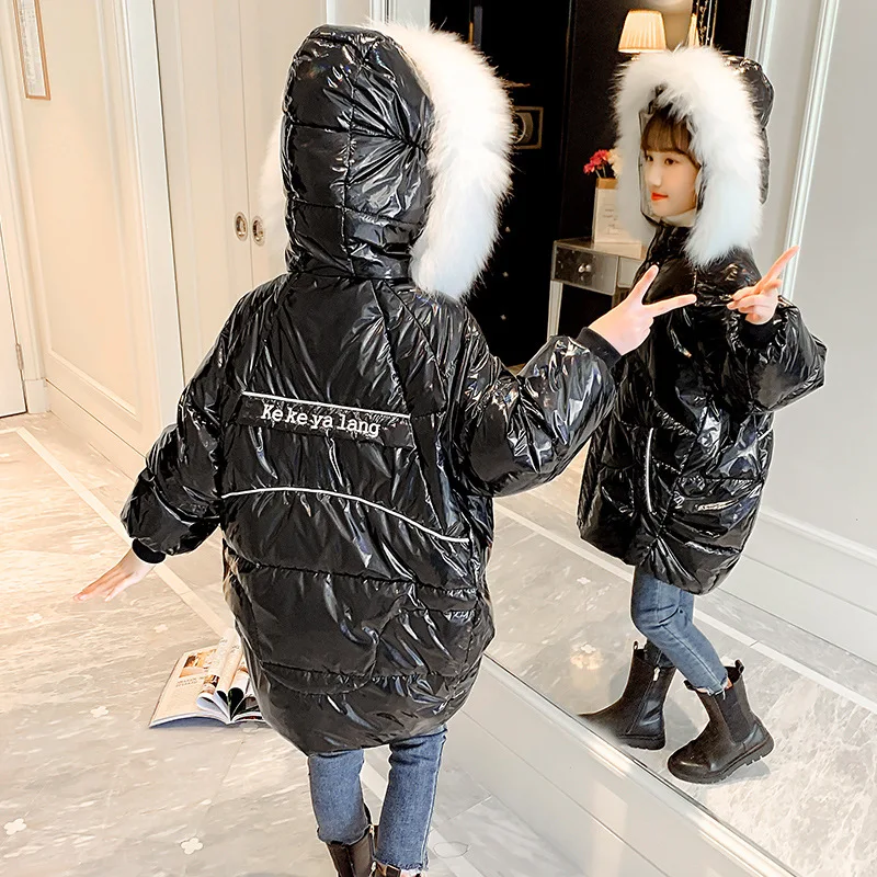 

2021 Fashion Girls Thick Warm Down Cotton Jacket Black Waterproof Snow Jacket Big Fur Collar Hooded Long Windproof Cotton Jacket