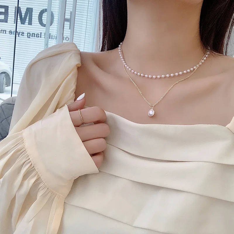 

Vintage Double Layer Pearl Necklace For Women Fashion Gold Color Stainless Steel Pendant Necklace Choker Neck Chain Jewelry Gift