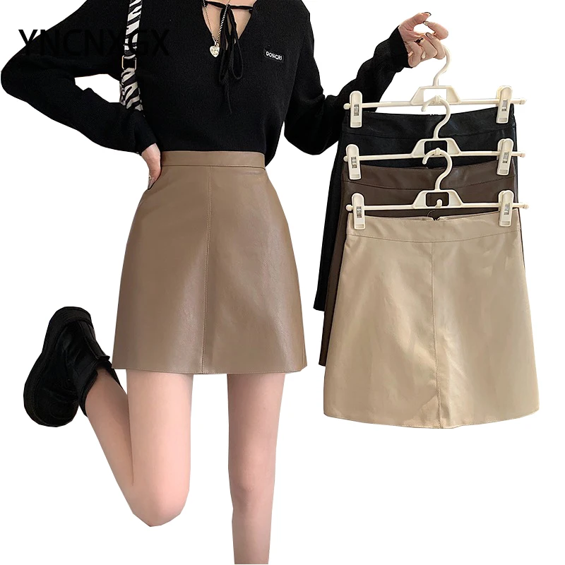 

Женская плиссированная мини-юбка с высокой талией, трапециевидная тонкая черная короткая юбка с высокой талией, кожаная винтажная юбка в Ко...