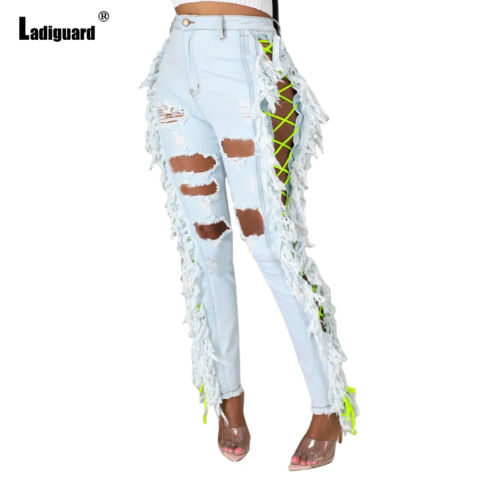 Women Fashion Hole Ripped Distressed Skinny High Cut Denim Pants Bandage Jeans Trousers Sexy Jeggings Ladies Autumn tassel Pants