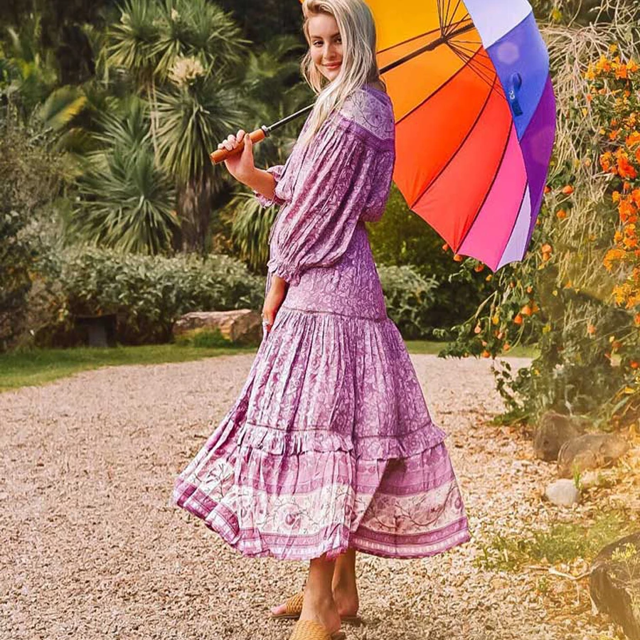 TEELYNN макси женские платья искусственный шелк розовый цветочный принт цыганские