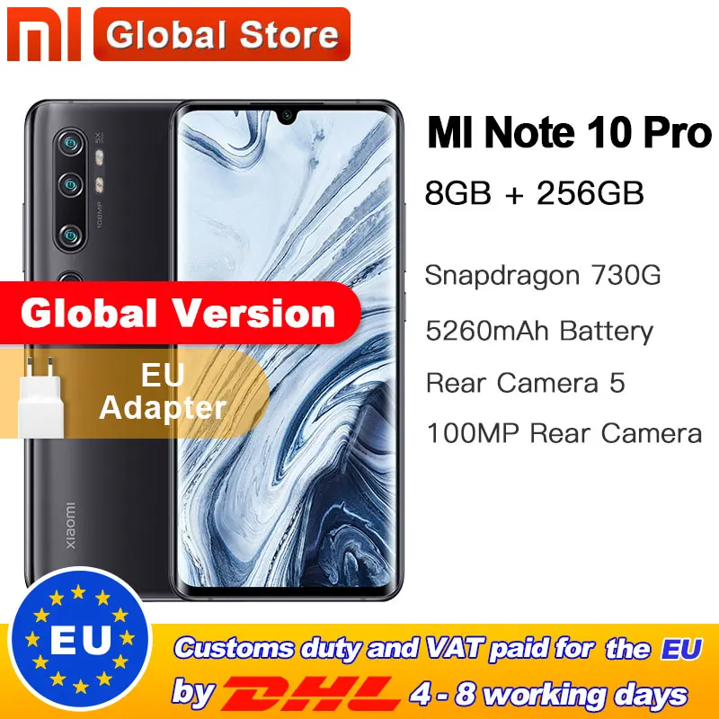 Глобальная версия Xiaomi Mi Note 10 Pro 8GB 256GB 108MP Penta camera Smartphone 5260mAh батарея 10x оптический
