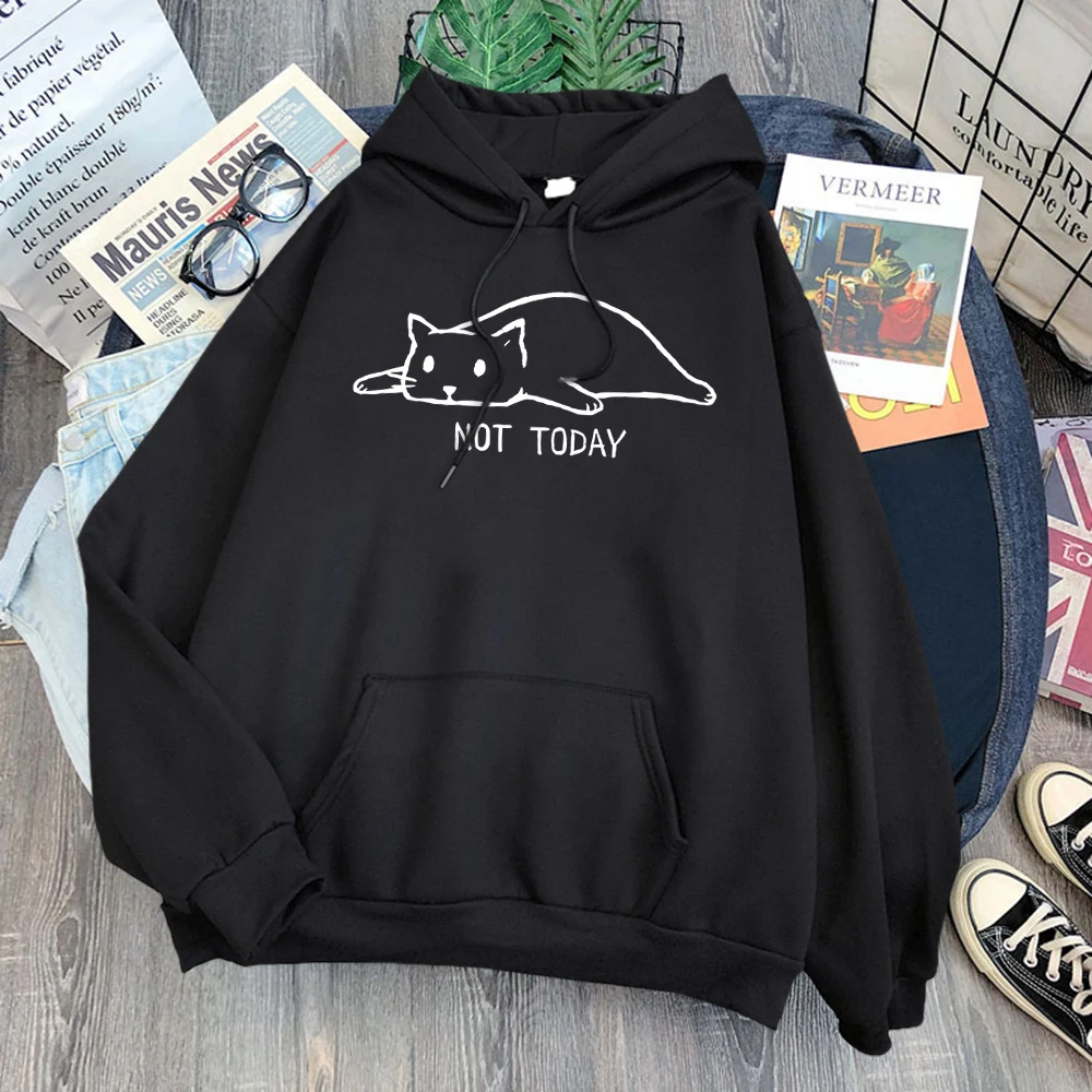 

Females Hoodie Not Today Letter And Lazy Kitten Cartoon Printing Hoodies Women Tops Oversized Casual Round Neck Clothes Hoodies