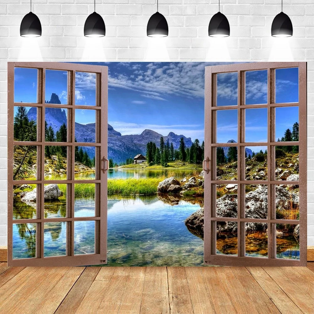 

Фон для фотосъемки с изображением весеннего пейзажа, природного ландшафта, окна, горы, неба, озера, дома, украшение интерьера
