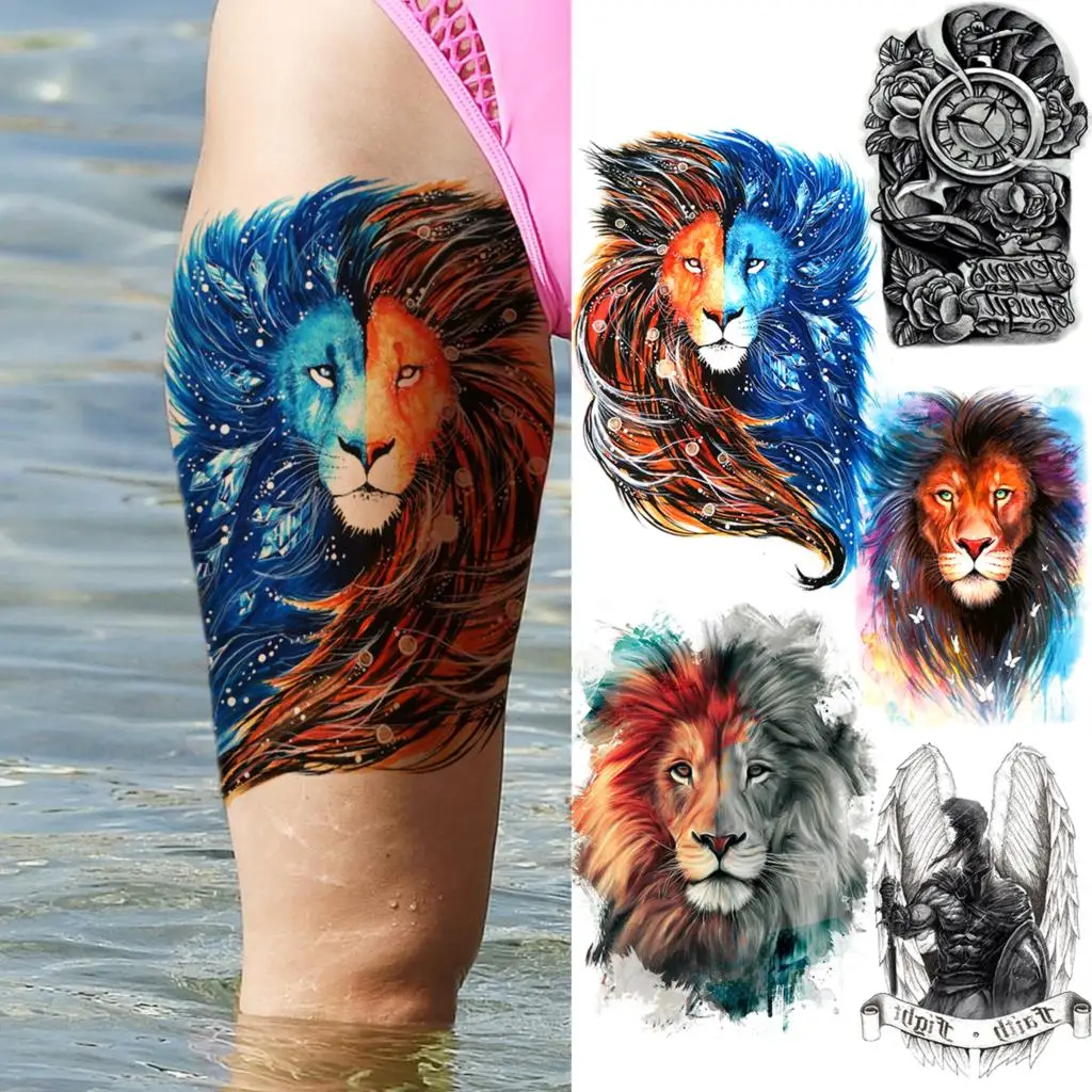 

Watercolor Lion Temporary Tattoos For Women Thigh Adult Compass Tribal Wings Fake Tattoo Body Art Water Transfer Tatoos Decal