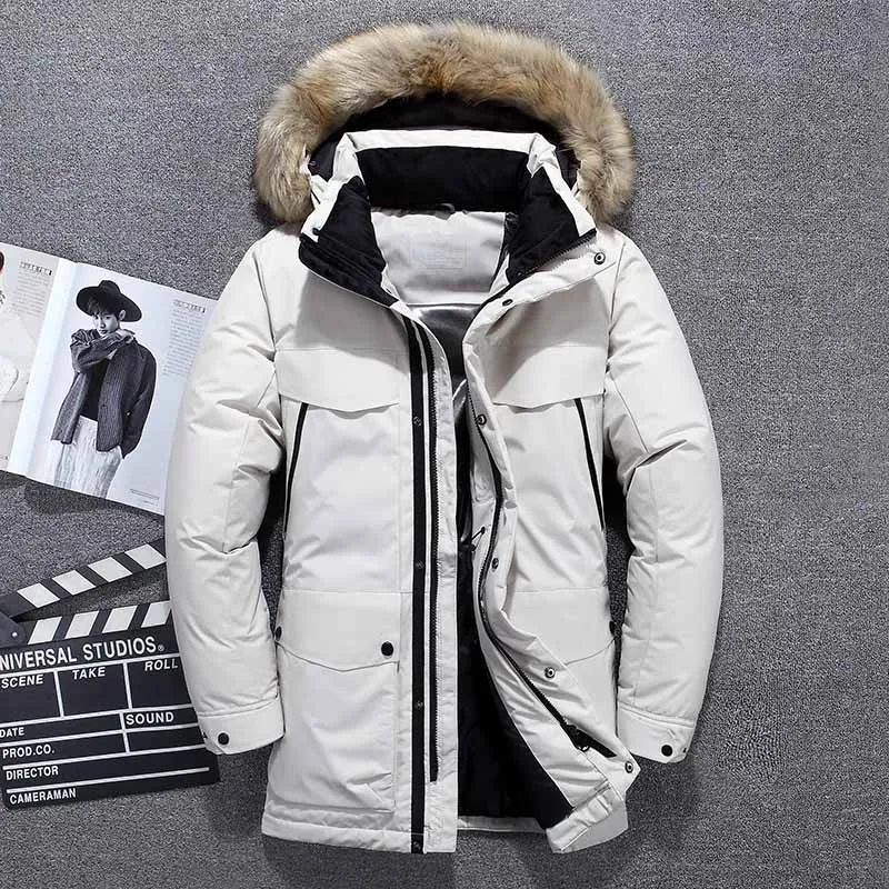 White 40 градусов, высокое качество, белый утиный пух, куртка для мужчин, Толстая Зима, новинка, большой меховой воротник, теплая парка, водонепроницаемая, ветрозащитная - Цвет: White
