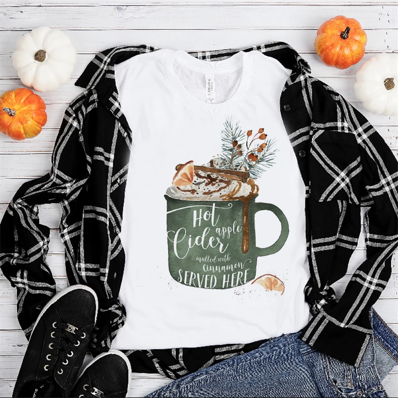 

2021 Ladies Top Cute Cup Pattern Fashion Casual Harajuku T-shirt Ladies Happy New Year Print Top.