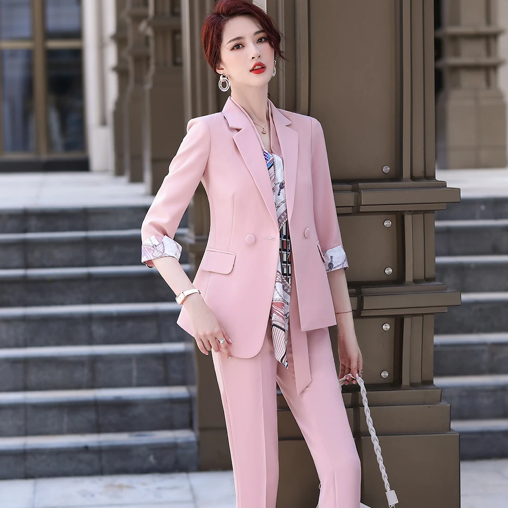 

Meia manga rosa amarelo azul preto senhoras calas terno mulheres para o vero primavera design formal blazer de 2 peas