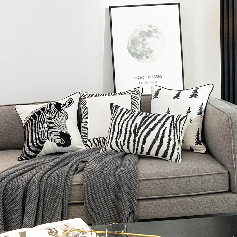 

Light Luxury Pillowcase Embroidered INS Pillowcase Zebra Pattern Black And White Geometric Simple Nordic Sofa Pillowcase